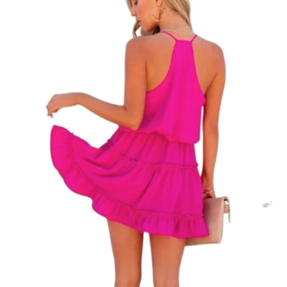 Vici Karty Tiered Mini Dress M Fuschia Racerback Blouson - Picture 2 of 8